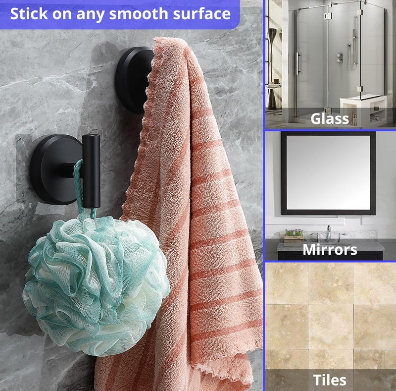 HOME SO Suction Cup Hooks T Shape for Shower, Bathroom, Glass Door, Mirror, Tile - Loofah, Towel, Coat, Bath Robe Hook Holder for Hanging up to 15 lbs - Waterproof & Rustproof, Black Matte (2-Pack) - Image 3